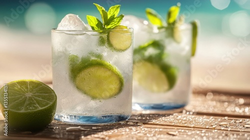 Macro close-up of ice-cold mojitos with fresh lime and mint on a wooden beach table condensation droplets visible refreshing summer tones