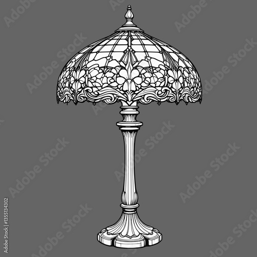 Ornate Tiffany-Style Table Lamp in Art Nouveau Design Black and White Line Drawing