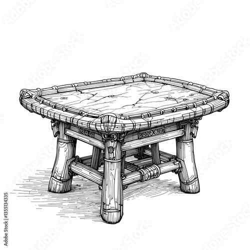Rectangular Carved Wooden Table in Black and White Ink Drawing
