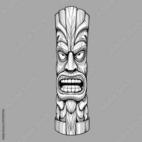 Fierce Tiki Mask in Black and White Line Drawing Representing Polynesian Cultural Protection