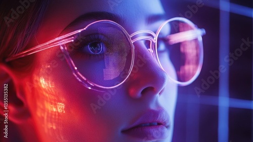 Visionary Gaze: A close-up shot of a woman wearing stylish glasses is illuminated by cool blue and red lighting. The image evokes a sense of futuristic contemplation and technology.