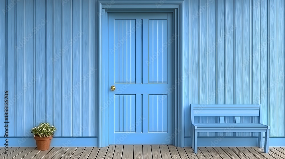 Charming Blue Wooden Door and Bench with Potted Flowers in a Serene Outdoor Space Charming Blue Wooden Door and Bench with Potted Flowers in a Serene Outdoor Space