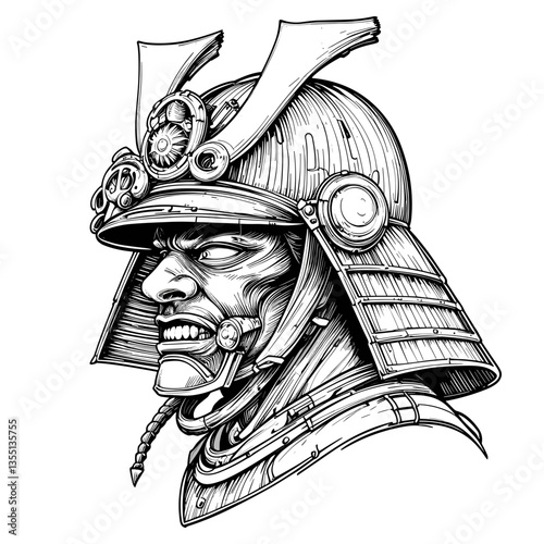 Samurai Warrior Portrait in Traditional Japanese Line Drawing Style in Black and White Representing Historical Military Culture