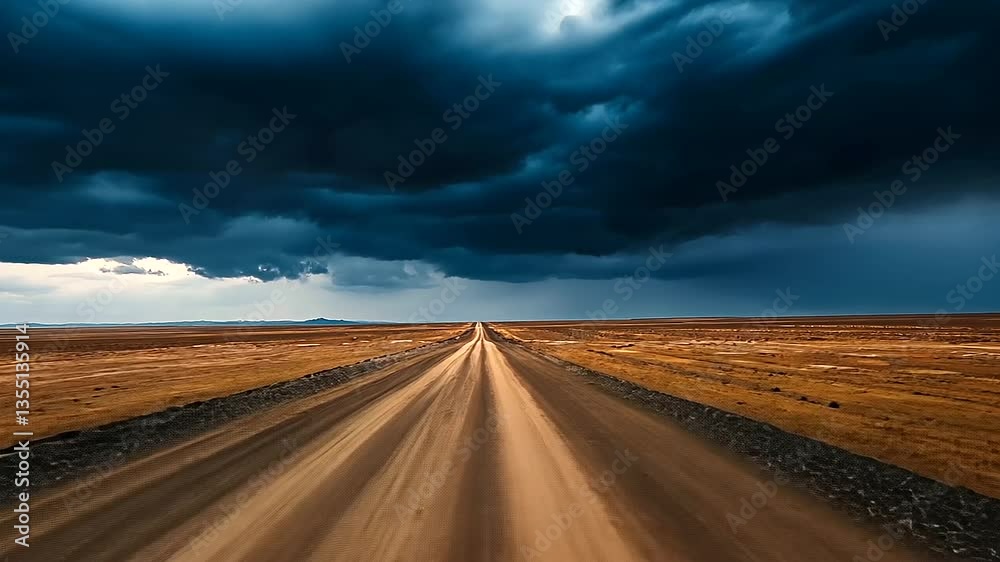 A dusty desert road leading to a massive, imposing border wall, with tire tracks veering off to one side, symbolizing alternate paths and challenges.