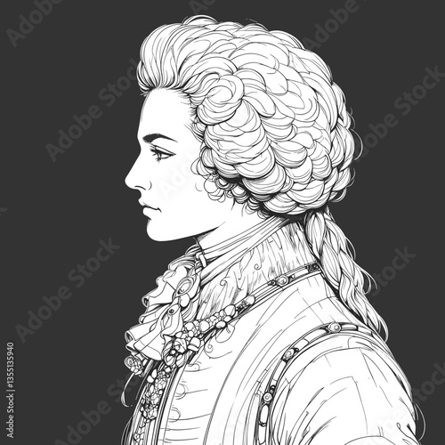 18th Century Aristocrat Portrait in Classical Line Drawing Style in Black and White Representing Historical Fashion