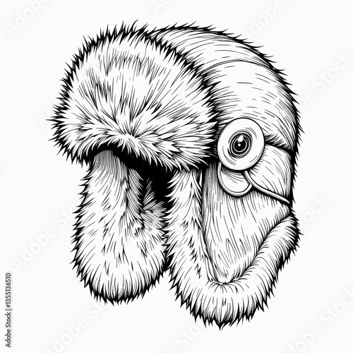 Furry Winter Ushanka Hat in Vintage Engraving Style in Monochrome for Cold Weather Fashion