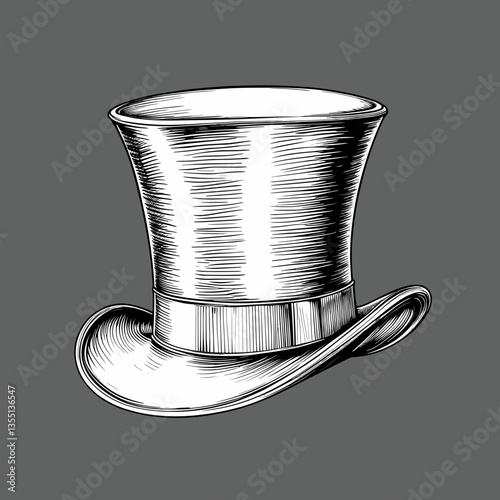 Classic Top Hat in Woodblock Print Style in Monochrome for Formal Fashion