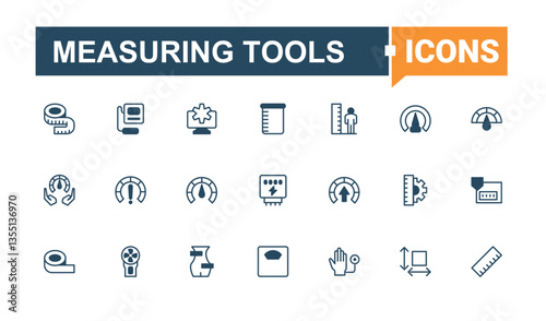 Measuring Tools line icon. Containing equipment, time, tape, ruler, speed, measurement and more. Measure Elements icon set. Solid line editable stroke. Vector collection.