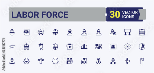 Labor Force vector line icon set. Includes thin line symbols worker, job, industry, builder, build and more. Labor icon set. Outline icons collection. Pixel perfect. Solid line editable stroke.