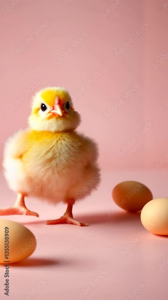 A fluffy yellow chick stands beside several eggs on a soft pink background, evoking new beginnings A fluffy yellow chick stands beside several eggs on a soft pink background, evoking new beginnings