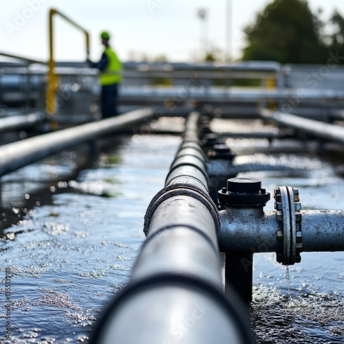 A close-up of a modern wastewater treatment plant, pipes carrying sewage through tanks, engineers monitoring the filtration process, technical and effective.