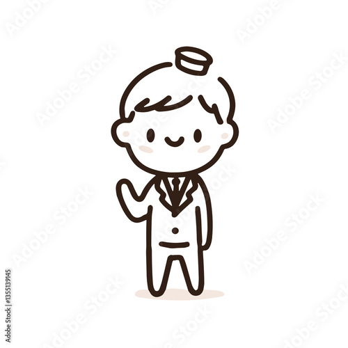 Cartoon hand drawn character boy in hat, uniform and tie, concierge