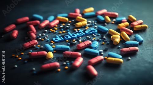 Diabetes spelled out in pills with a healthcare concept.
