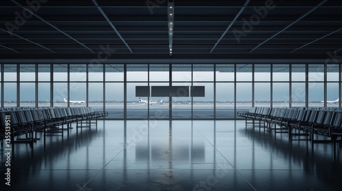 Modern airport interior with empty seating area.