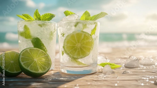 Macro close-up of ice-cold mojitos with fresh lime and mint on a wooden beach table condensation droplets visible refreshing summer tones