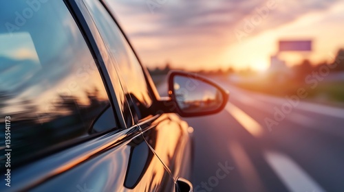 Stunning sunset view captured from the side of a car driving on an open road with blurred scenery : Generative AI