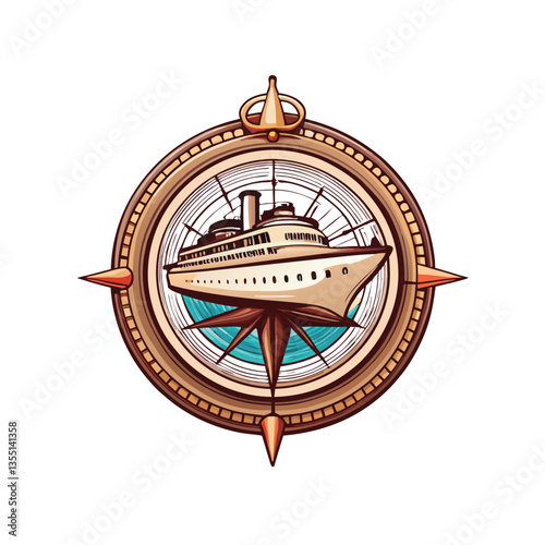 A vintage ocean liner, majestic and weathered, with an antique nautical compass prominently displayed on the deck, suggesting adventure and seafaring history.