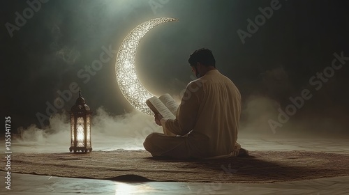 A hyper-detailed 3D scene featuring a Muslim man in traditional attire, reading the Holy Quran while sitting in front of a large crescent moon decorated with Arabic calligraphy.
