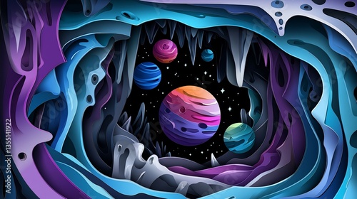 Colorful planets seen from a cave.