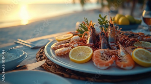 Macro shot of fresh seafood platter with lemon slices on a beachside dining table elegant cuisine high realism