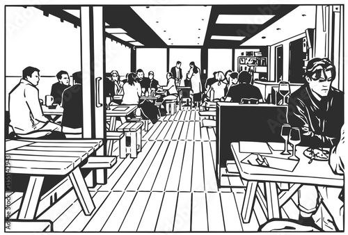 Black and white illustration of restaurant interior with customers eating and drinking