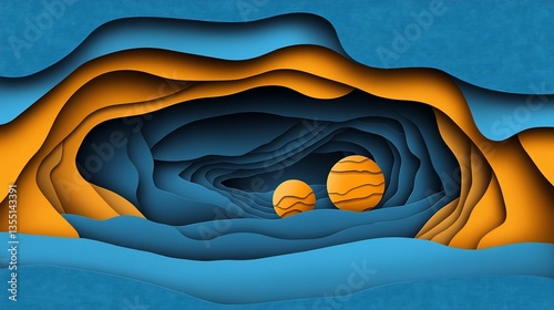 Abstract paper cut art of a cave with spheres.