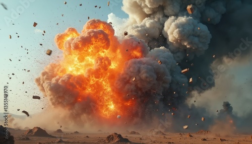 Dynamic explosion with flying debris, billowing smoke, and intense orange grey hues. Destruction, energy, chaos, devastation, intense impact blast scene.