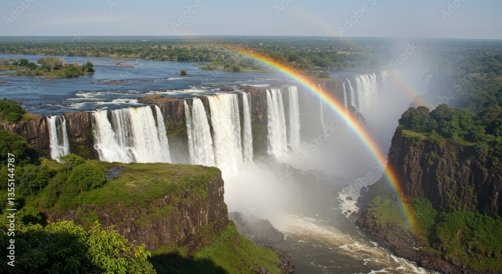 Fototapeta premium Victoria Falls Rainbow Panorama - Majestic Victoria Falls with a vibrant rainbow arcing over the cascading water. A breathtaking natural wonder