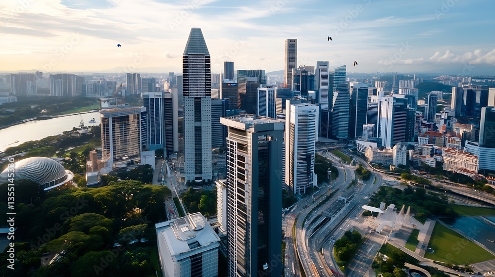Obraz premium Aerial view of a bustling city skyline with modern architecture lush greenery and vibrant urban life : Generative AI