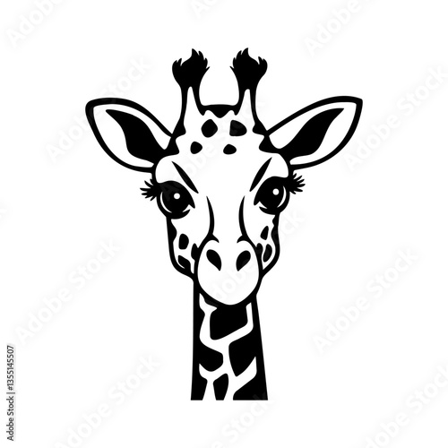 Giraffe Head Illustration. Giraffe's head featuring expressive eyes long eyelashes, and distinctive markings for logos, tattoos, wildlife art, or decorative prints