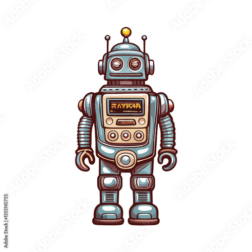 A weathered, vintage 1950s robot, metallic body showing significant wear and tear, possibly rusted, posed against a plain backdrop.