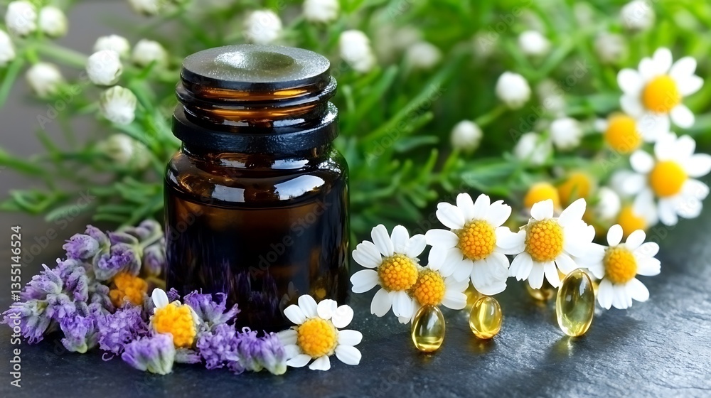 Essential oil bottle with flowers and capsules in a botanical setting Essential oil bottle with flowers and capsules in a botanical setting