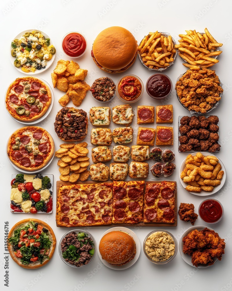 A vibrant spread of various fast food items including pizzas, burgers, and fries on a white background A vibrant spread of various fast food items including pizzas, burgers, and fries on a white background
