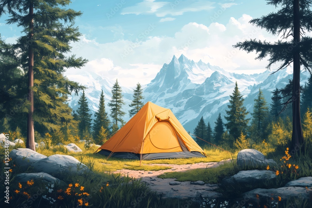 Camping tent stands in idyllic mountain scenery during summer