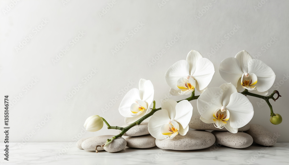 White orchids with smooth stones against textured white background. Elegant minimalist composition with zen, spa, relaxation atmosphere. Nature, botanical, beauty, wellness, serenity. White orchids with smooth stones against textured white background. Elegant minimalist composition with zen, spa, relaxation atmosphere. Nature, botanical, beauty, wellness, serenity.