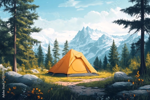 Obraz na płótnie Camping tent stands in idyllic mountain scenery during summer w salonie
