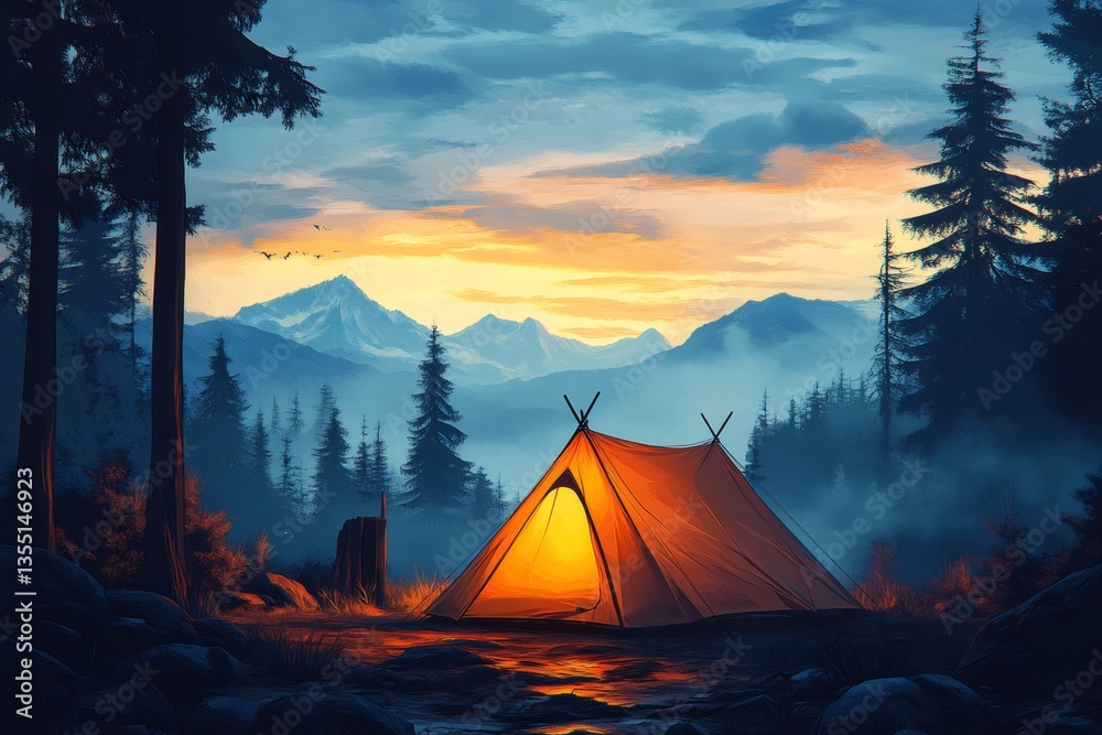 Illuminated tent camping in a serene mountain forest at sunset