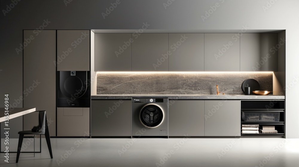Fototapeta premium A sleek modern minimalist laundry room with hidden storage compartments and a neutral color palette.