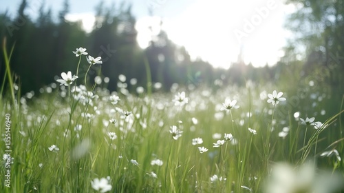 Beautiful closeup view of wildflowers blooming in a sunlit meadow during spring season : Generative AI