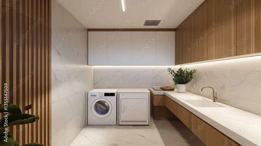 Ultra-modern minimalist laundry room with smart technology, voice-activated appliances, and a space-saving design. Ultra-modern minimalist laundry room with smart technology, voice-activated appliances, and a space-saving design.