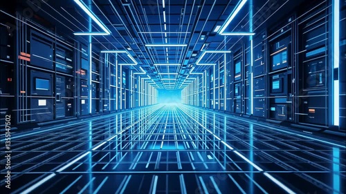 Futuristic corridor with neon blue lights creating a high tech digital environment. 