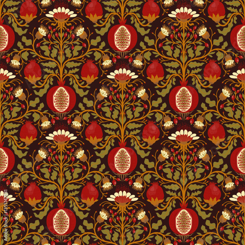 Seamless pattern with pomegranates. Vibrant pomegranate design in intricate floral pattern on dark backdrop