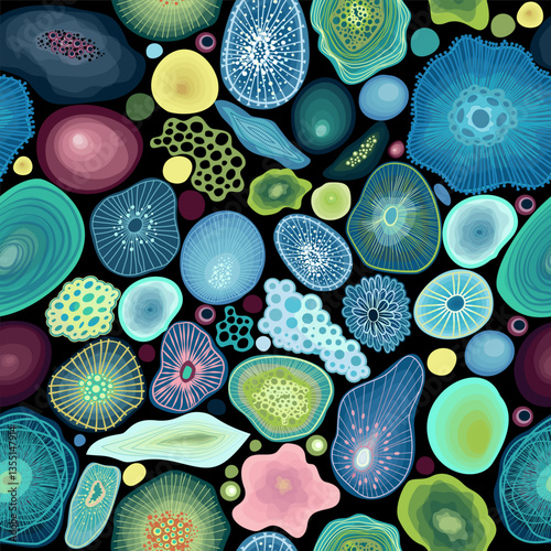 Seamless pattern with different color spots. Colorful collection of organic shapes in a vibrant, abstract microbial landscape