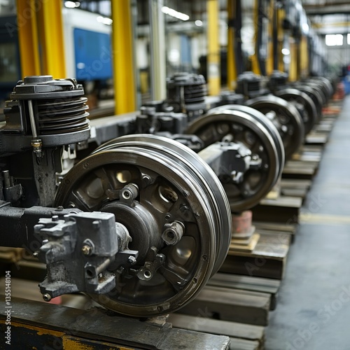 A detailed shot of the components of a trainâ€™s wheelset, including the axle, bearings, and wheels, resting on a platform in a train yard, precise and heavy-duty.