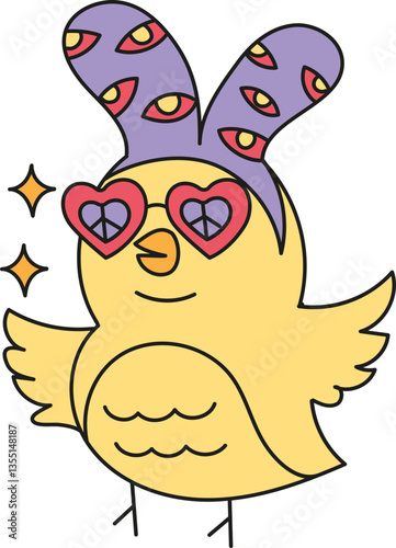 boho groovy easter Cute cartoon bird wearing heart-shaped sunglasses and a funky hat. in doodle color line style
