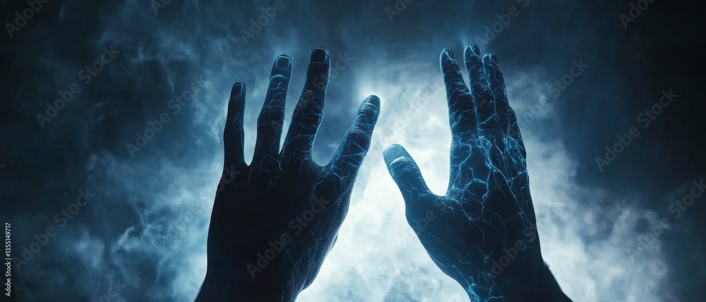 Two hands reaching out towards each other in the sky Two hands reaching out towards each other in the sky
