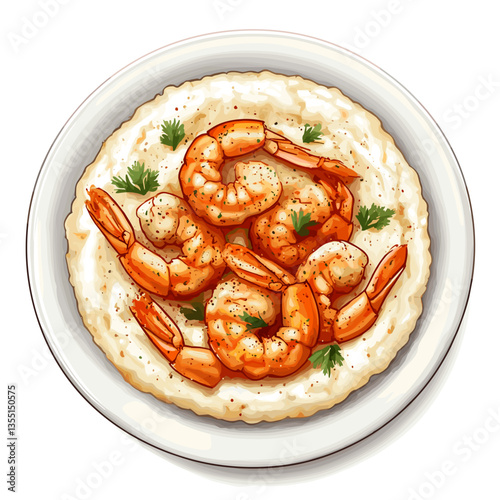 Seasoned Shrimp Over Creamy Grits in White Bowl