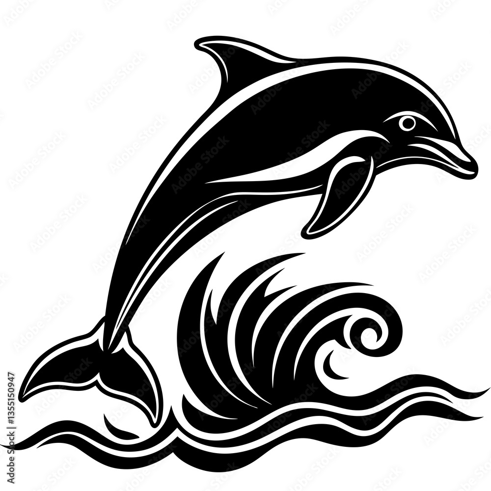 Obraz premium Playful Dolphin Silhouette with Ocean Wave Elements​