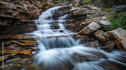 Water cascading down rocky steps in a picturesque natural environment