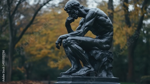The Thinker Statue in Autumn Park Contemplation.